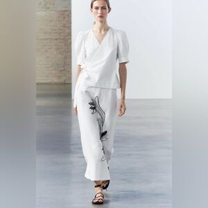 Zara ZW Collection Skirt With Contrast Linen Embroidery